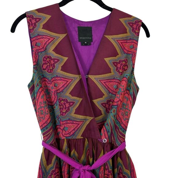 Anna Sui Anthropologie 100% Silk Printed Wrap Boho V Neck Pink Red Dress Size 8 - Picture 4 of 14